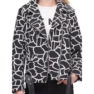 DKNY Large Black and white Animal Print Moto Jacket Full Zip Pockets‎ Zip